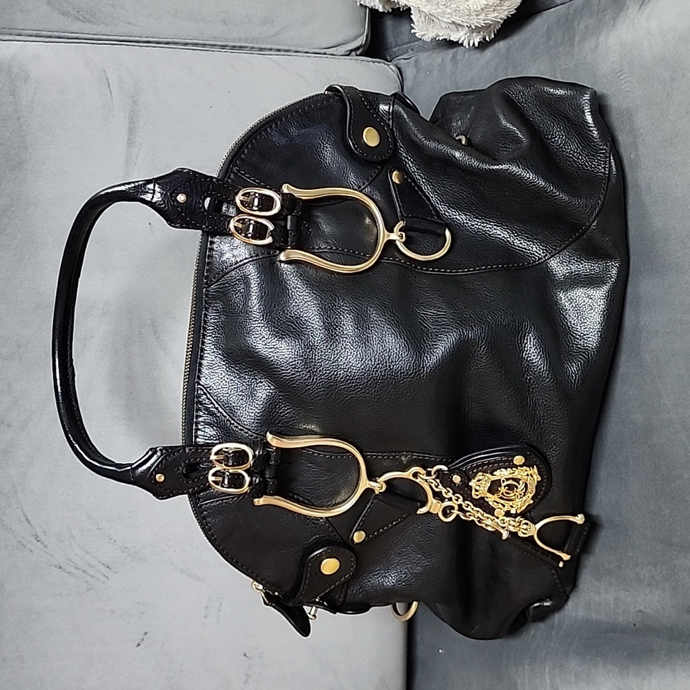 Juicy Couture large black leather bowling bag with gold hardwear